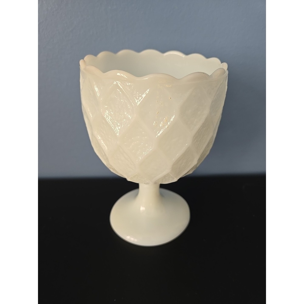 Vintage White Milk Glass Goblet Compote Pedestal Quilted Large 6.3" Tall